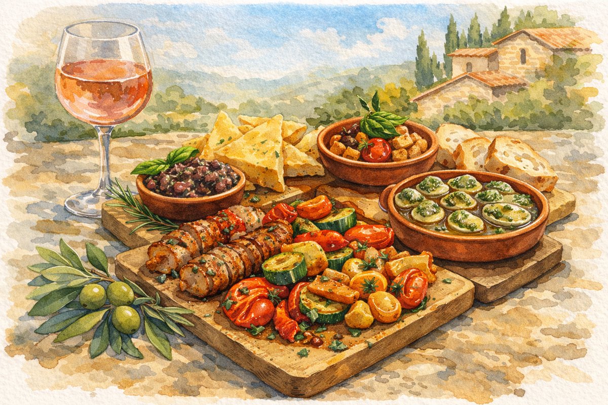 Planche apéritive provençale avec olives et rosé