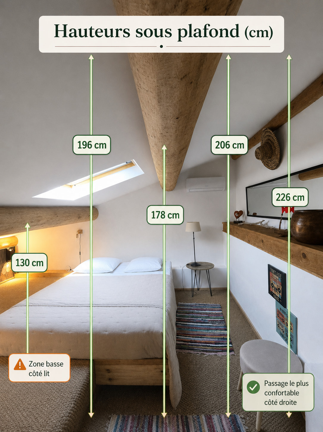 Schéma des hauteurs sous plafond de la mezzanine : 226 cm au plus haut, 206 cm côté passage, 196 cm et 178 cm sous les poutres, 130 cm au-dessus du lit